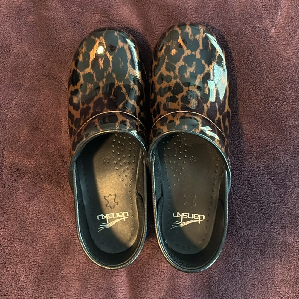 Women’s Brown Leopard Patent Dansko Clogs